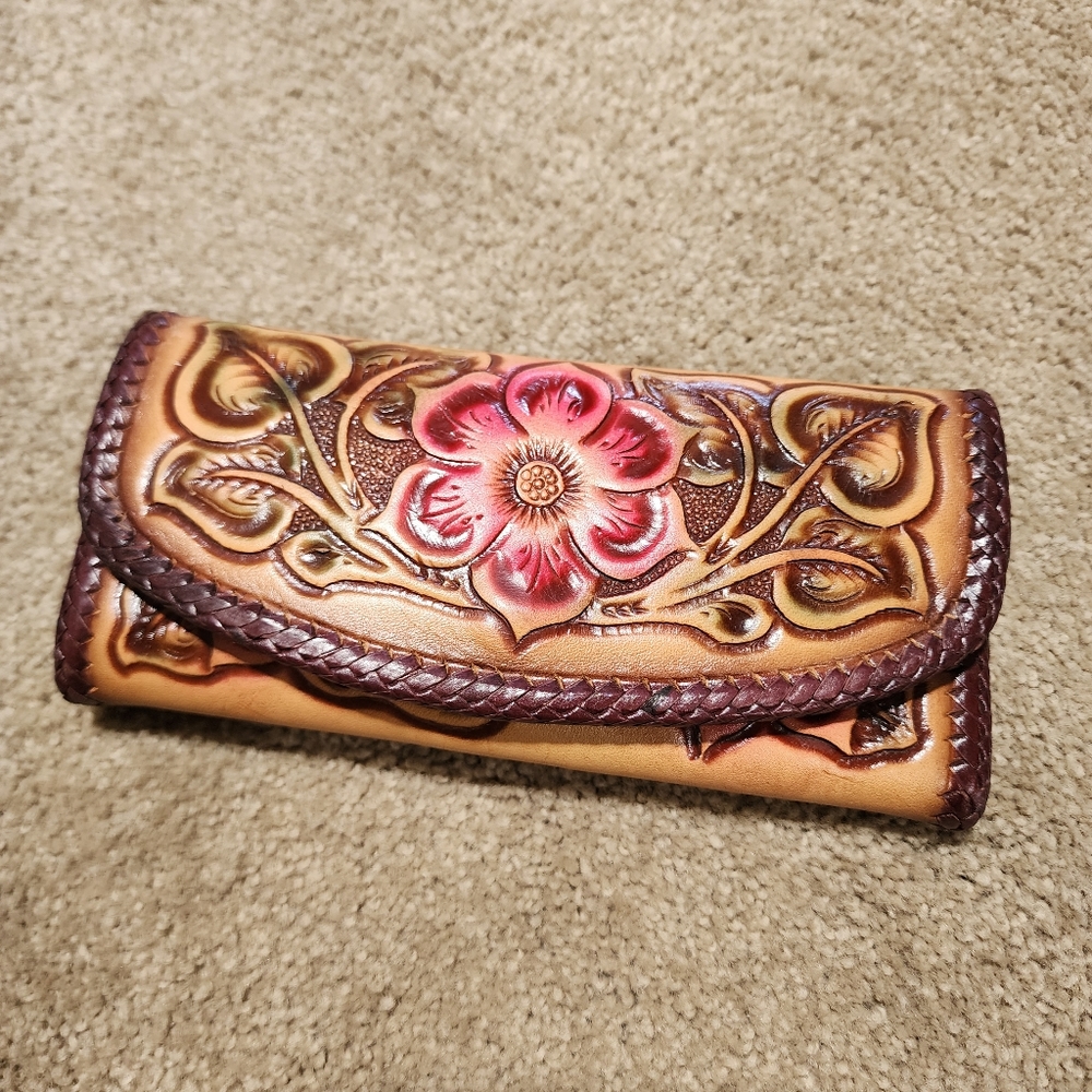 NWOT Pink Green Tan Floral Embossed Leather Wallet
